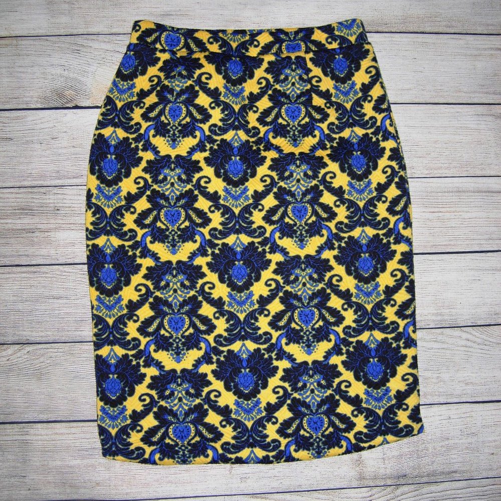 brixon ivy blue yellow pull on pencil skirt M
